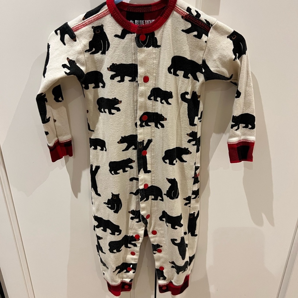 Little blue house Kids Bear Print One Piece - Black and Cream 12-18m